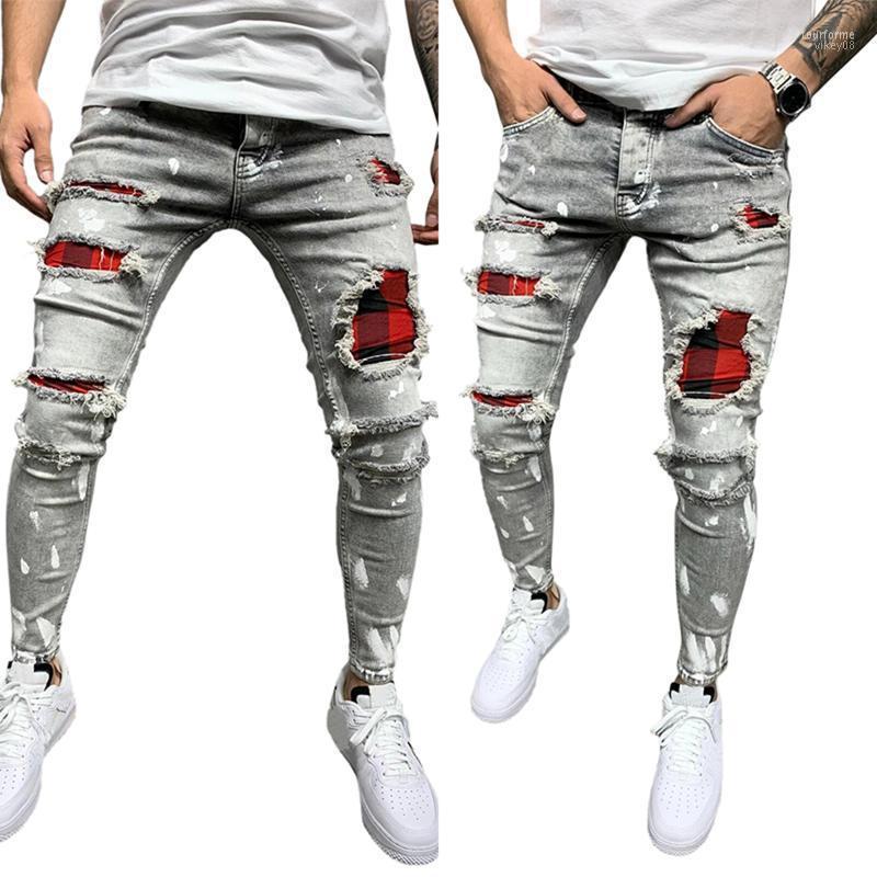 

Men' Jeans Fashion Mens Spliced Ripped Denim Pants Pencil Slim Patch Red Check Plaid Elastic Waistline -3XL, As pic