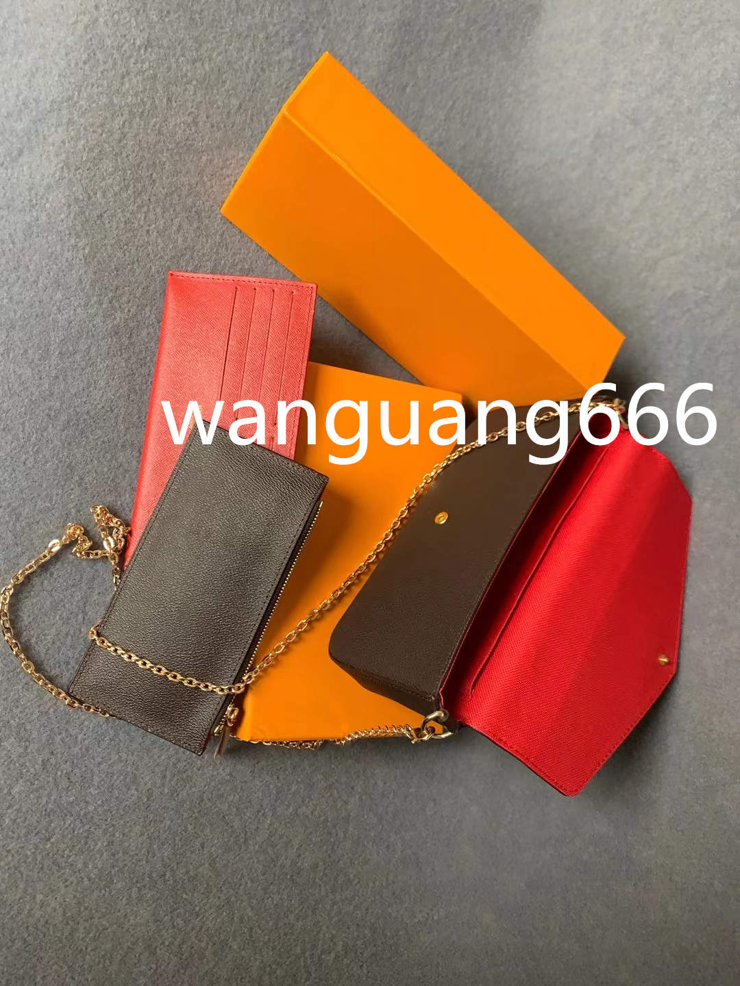 

3pcs set Women Classic Luxury designer handbag Pochette Felicie Bag Genuine Shoulder Clutch Tote Messenger Shopping Purse with box, Brown flower