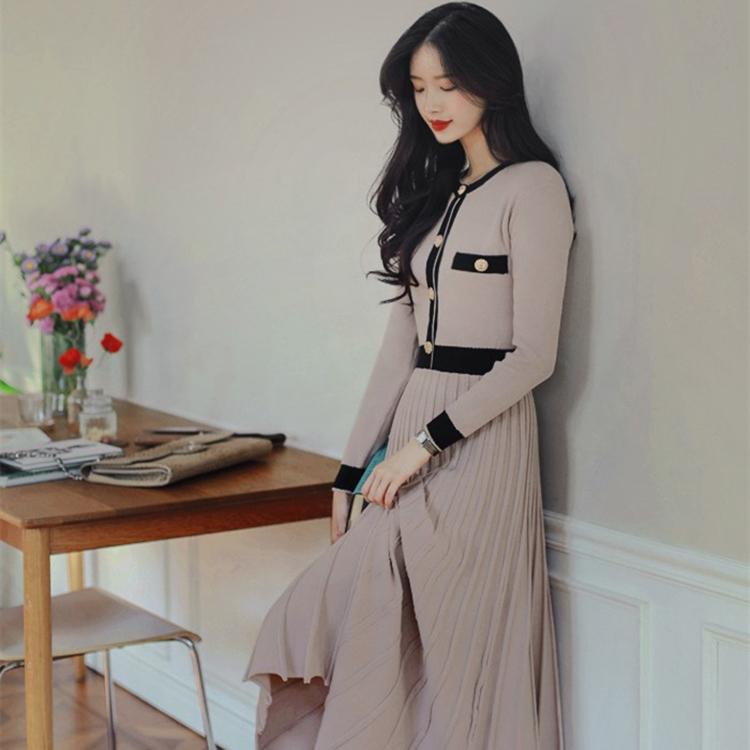 

Casual Dresses Fashion Women' Dress 2022 Autumn And Winter Sweet Simple Gentle Wind Contrast Color Knitted DressCasual, Khaki