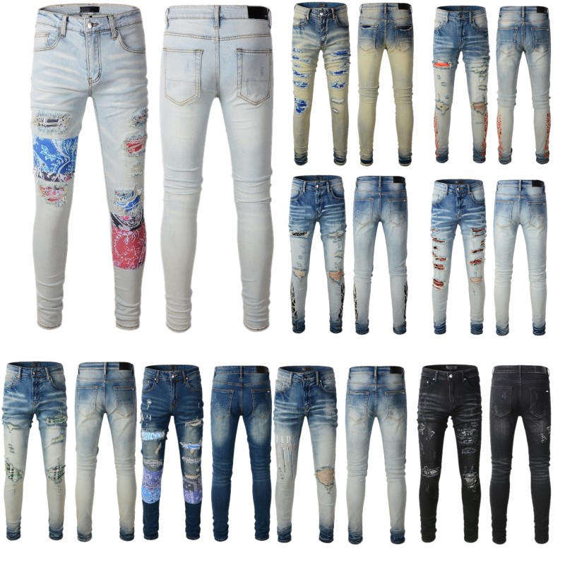 

Mens Designer Jeans Distressed Ripped Biker print Slim Fit Motorcycle Bikers Denim For Men Fashion Mans Hip Hop High quality Pants, 837