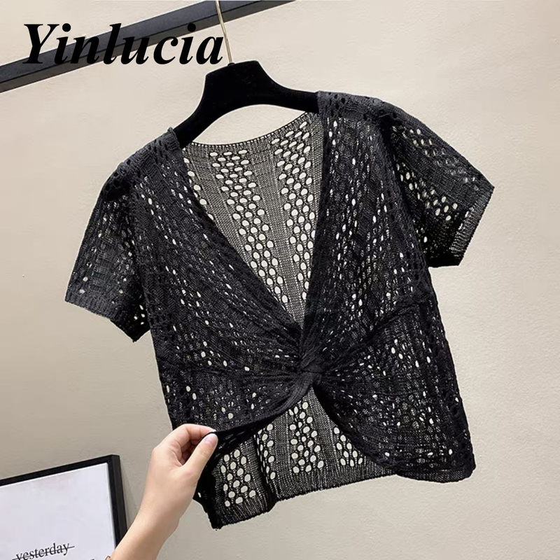 

Tops Women Blouses Cross V Neck Knitted Openwork Fishnet Tee Design Perspective T Shirt Street All-Match Y2K Summer Casual 220613, Purple
