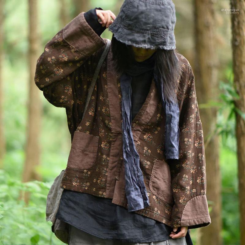 

Women's Jackets Johnature Women Print Flower Long Sleeve V-Neck Patchwoek Loose Coats 2022 Cotton Pockets Vintage, Brown