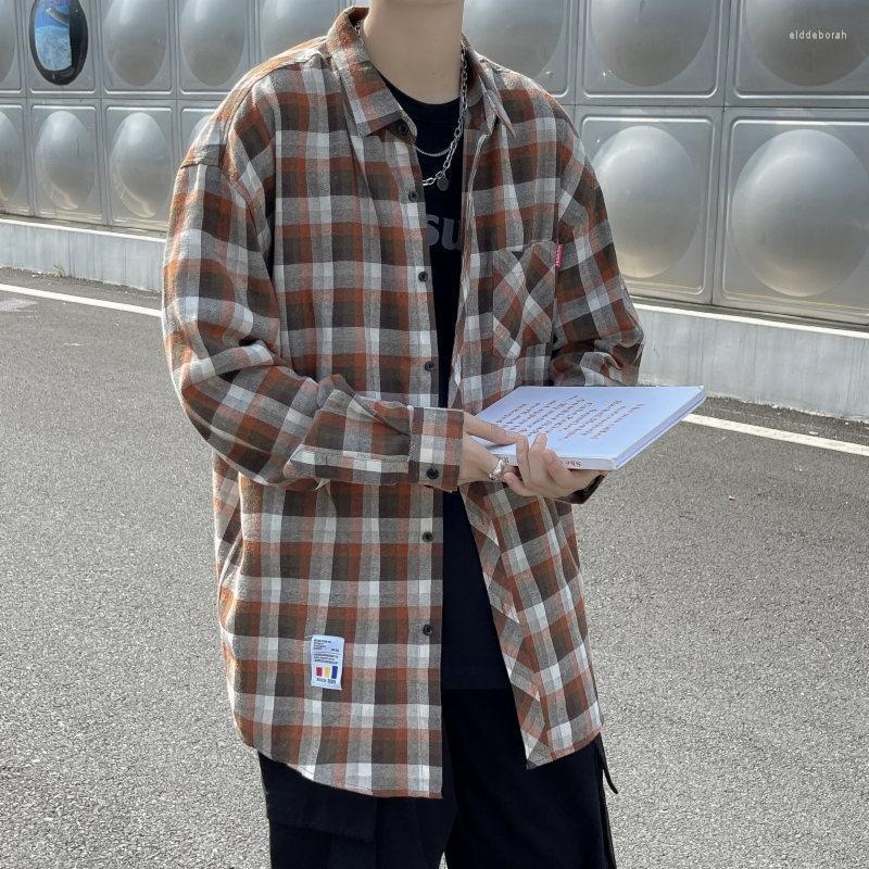 

Men's Casual Shirts Retro Plaid Shirt Men High Quality Korean Cotton Blouses Long Sleeve Loose Harajuku Streetwear Lannel Blue Vintage Eldd2