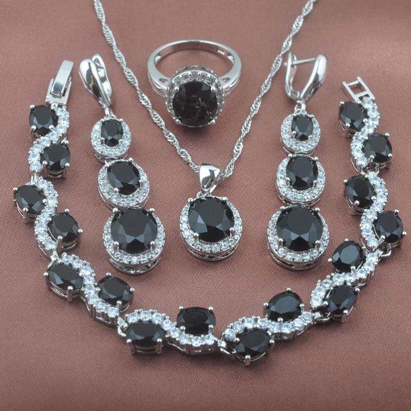 

Earrings & Necklace Special Black Cubic Zirconia Jewelry Set For Women Bridal Silver Color Earring Pendant Rings Bracelet YZ0122Earrings, As pic