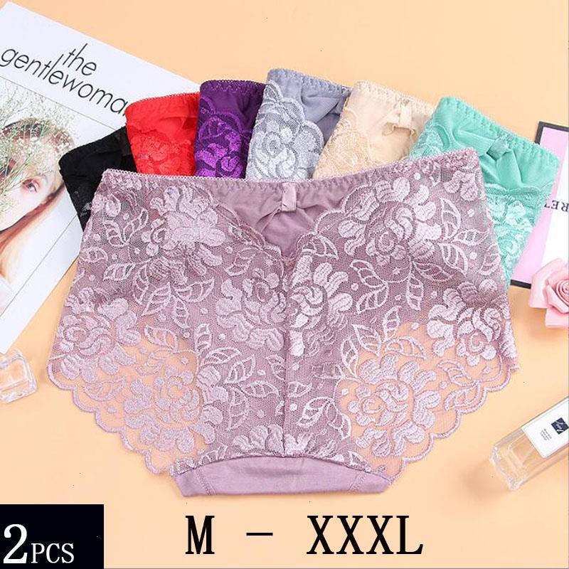 

2 Pcs Lot Lace Panties Hollow-out Sexy Women Underwear Plus Size Xxxl Pure Cotton Briefs Bottom Middle Rise Lingerie, Beige and lavender