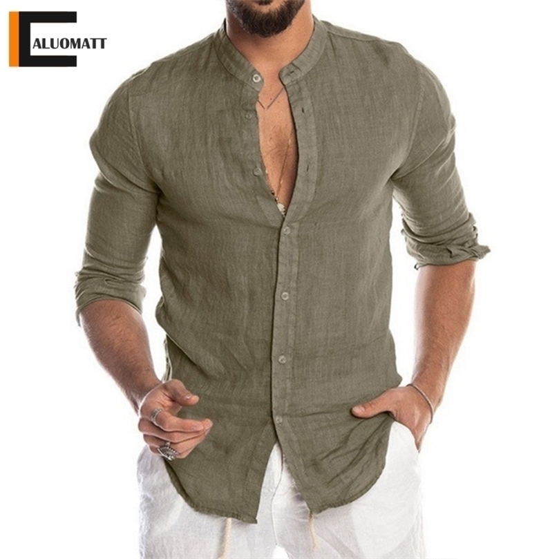

Linen Men' Shirts Long Sleeve Casual Slim Men Simple Design Solid Colors Stand Collar Blouse Loose Handsome Tee 220401, Jw636green