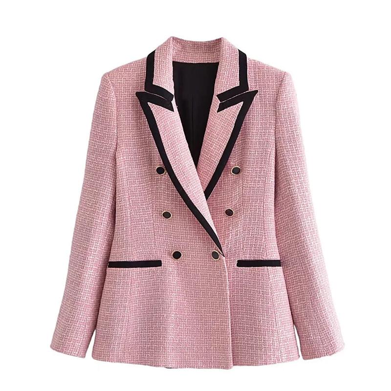 

Women's Suits & Blazers Blazer Women Pink Tweed Jackets Woman Autumn Double Breasted Female Elegant Textured Long Sleeve