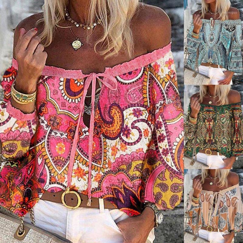 

Women's Blouses & Shirts Retro Floral Print Front Tie Bohemian Shirt Thin Loose Strapless Flared Sleeve Summer Streetwear, Green