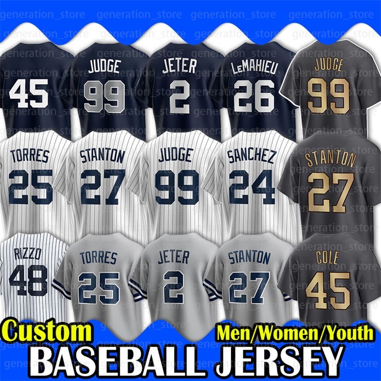 

99 Aaron Judge Jersey Anthony Rizzo Derek Jeter Joey Gallo Giancarlo Stanton Gerrit Cole DJ LeMahieu Gleyber Torres Josh Donaldson Babe Ruth Mantle Kyle Higashioka, Custom women jersey