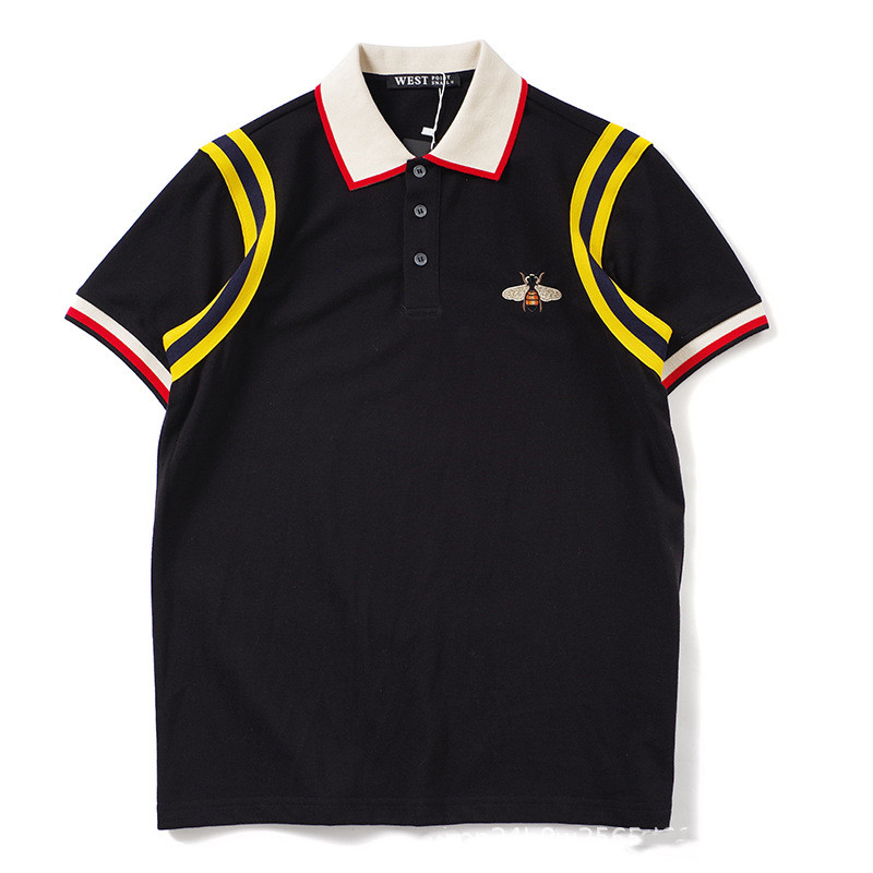 

Women's Polo Shirt Summer Unisex Small Bee Embroidered Patchwork Square Neck Black Couple Short Sleeve T-Shirt #M-XXL