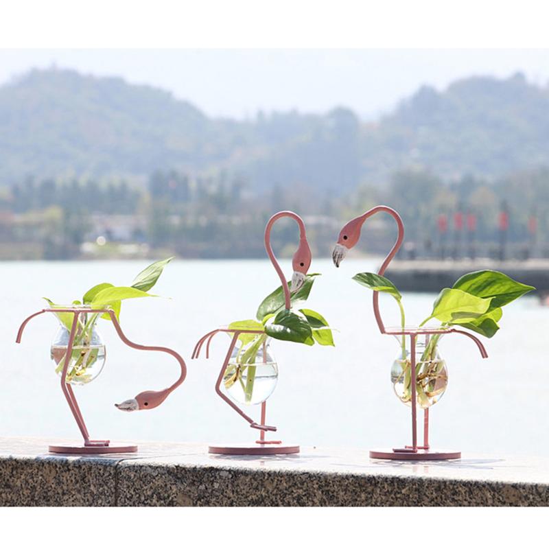 

Vases 3 Styles Flamingo Hydroponic Vase Wrought Iron Glass Container Ornament For Home Office Decor