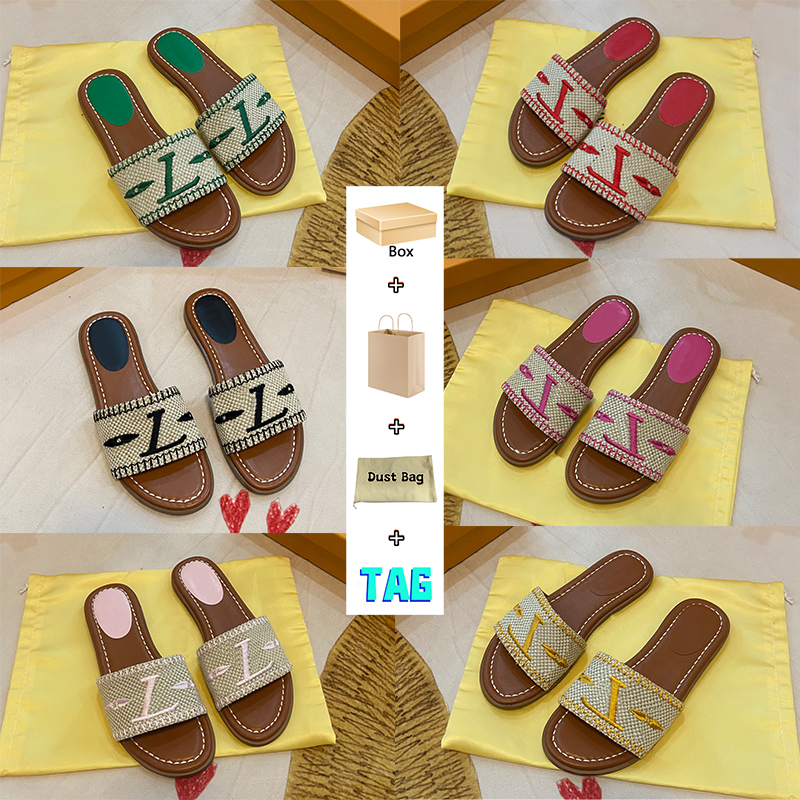 

Fashion sandals designer luxury slippers Raffia Embroidered Flat Mules Black Pink Pine Green Sky Blue Fuchsia summer women slipper beach slides shoes with box, Double box