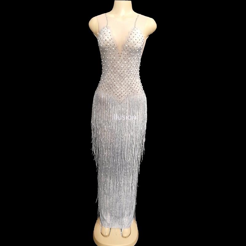 Stage Wear Sexy Mesh See Through Spring Tassel Long Dress Women Evening Party Sleeveless Preal Rhinestoness Dresses Birthday Costumes YOUDUS