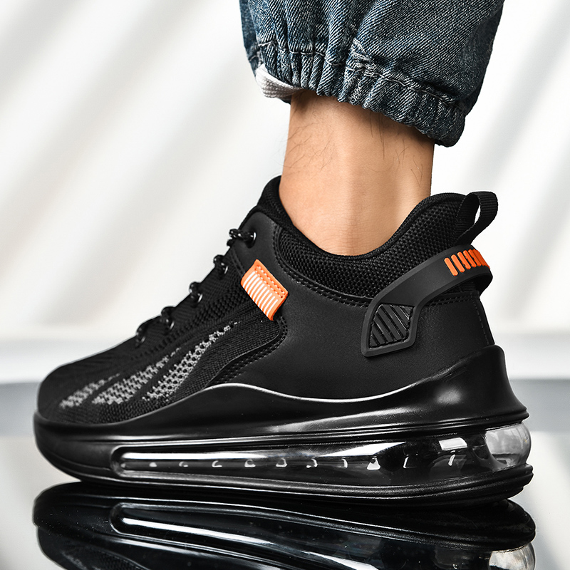 Knitted Lace-up Casual Sports Shoes Men PU Stitching Classic Fashion All-match Comfortable Breathable Flat Bottom Full Palm Air Cushion Running S
