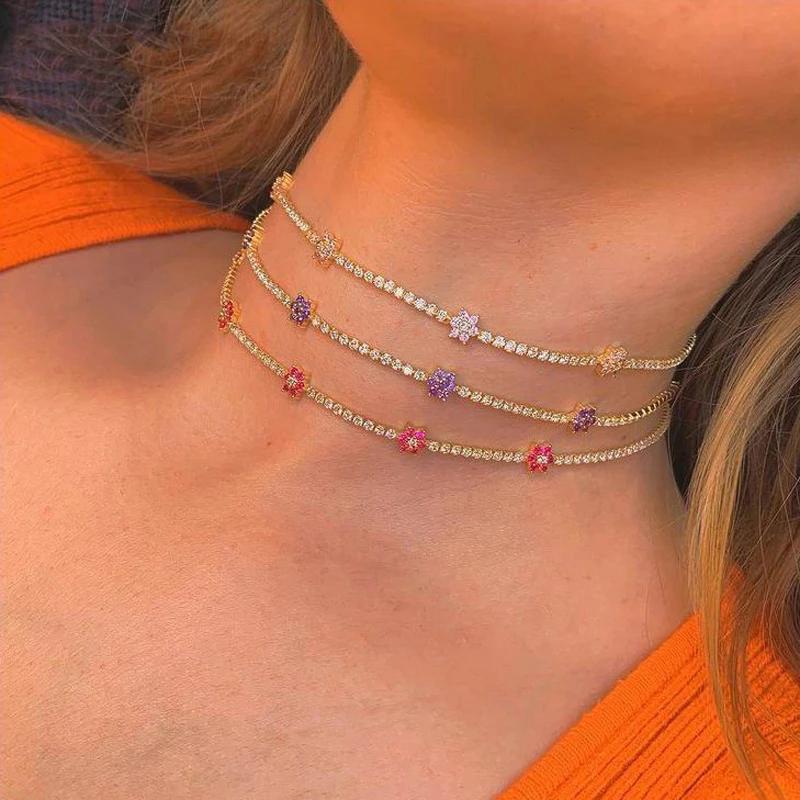 

Chains Summer Fashion Jewelry 3mm Prong Set Cubic Zirconia CZ Tennis Chain Rainbow Daisy Flower Charm Colorful Choker NecklaceChains