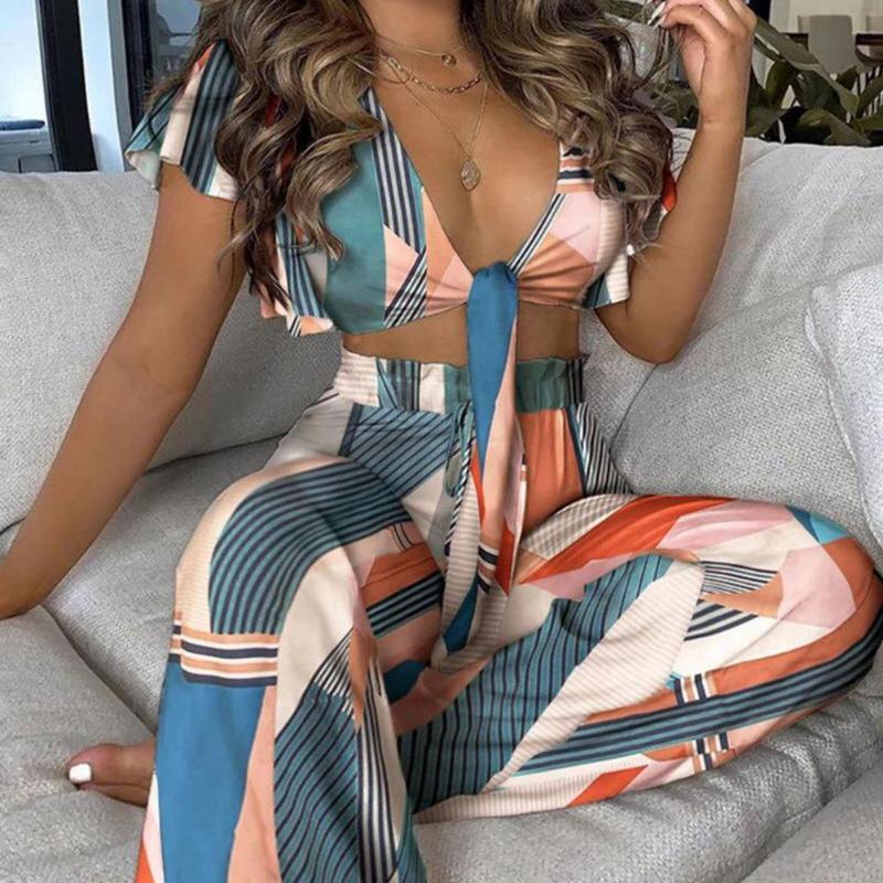 

Women' Two Piece Pants Fashion Set Women Outfit Short Ruffle Sleeve Crop Top T-shirt Wide Leg Printed Suit For Summer Clothes Xxl, Blue