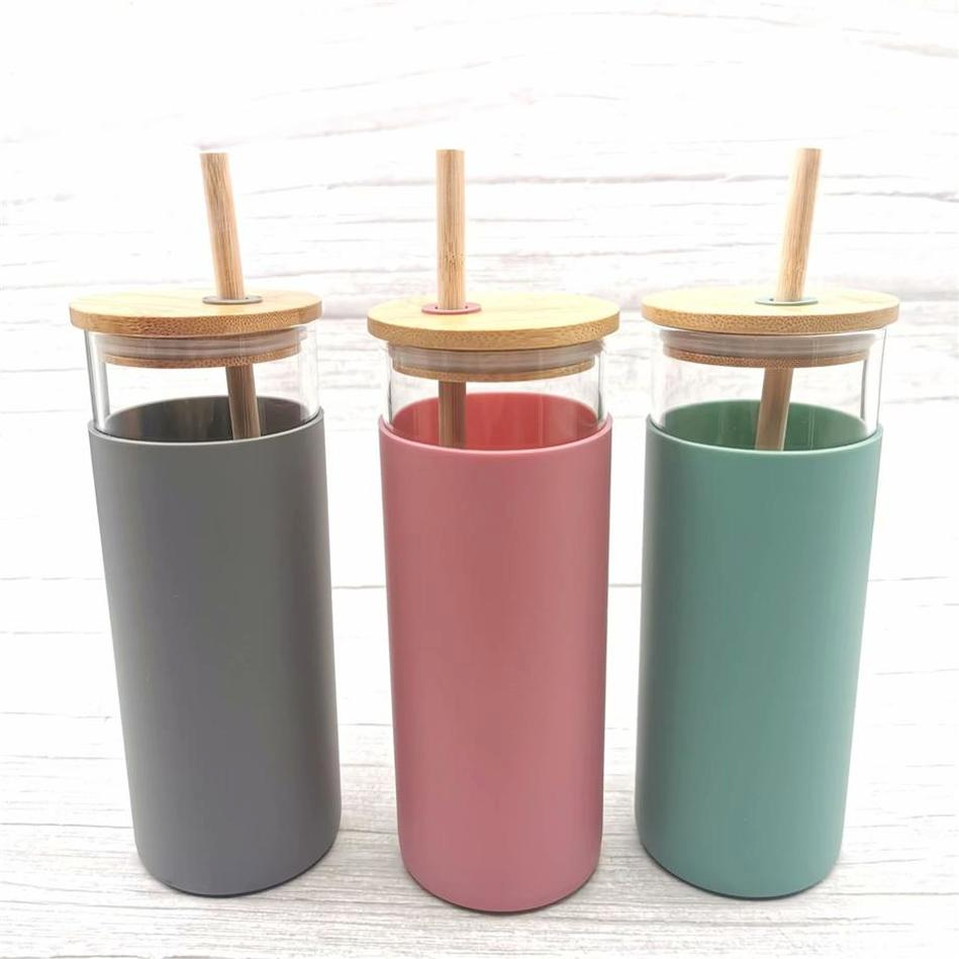 

16oz Glass Mug Juice Cup Milk Mugs with Silicone Sleeve Bamboo and Straw Enviroment-friendly Novelty Tumbler Wine Bottle Office Car Panda Drinkware FY5138 sxmy4