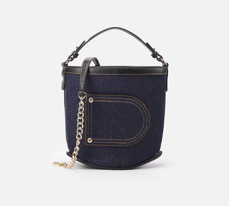 

showecomfort01 store 2022 new denim Handbags net red minority fashion one shoulder Bucket Bags Fashion Chain d letter women's bag, Denim blue