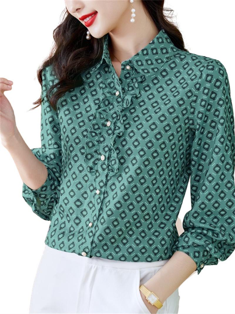 

Women's Blouses & Shirts Women Spring Summer Lady Fashion Casual Long Sleeve Turn-down Collar Ruffles Printing Blusas Tops CT0324Women's, Beige