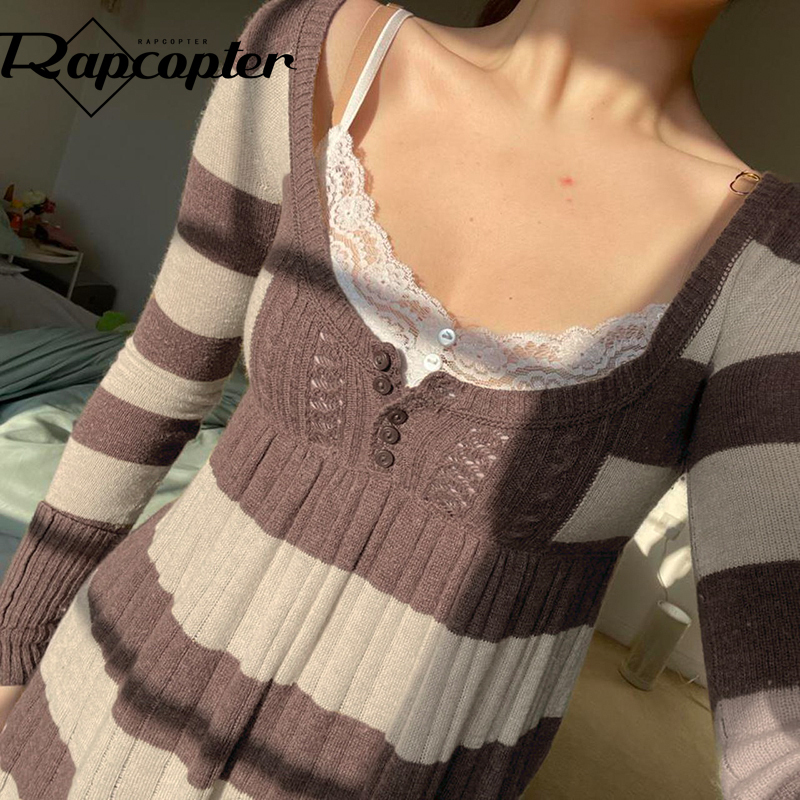 

Rapcopter Y2K Striped Sweaters Button Cute Sweet Jumpers Prepply Full Sleeve ALine Pullovers Knitwear Women Retro Korean Tops 220816, Brown