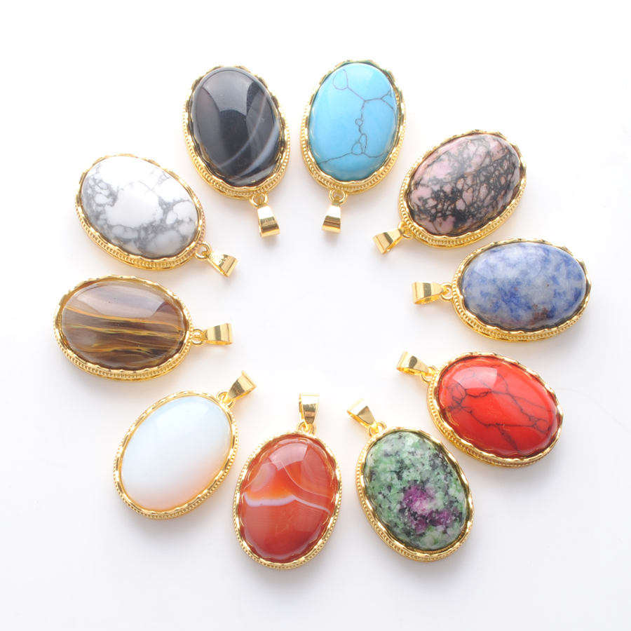 

Natural Gemstone Pendant Jewelry Gift For Women Man Oval Stone Beads Gold Plated Color Crystal Red Agate Green Jade Blue Agate DBN401