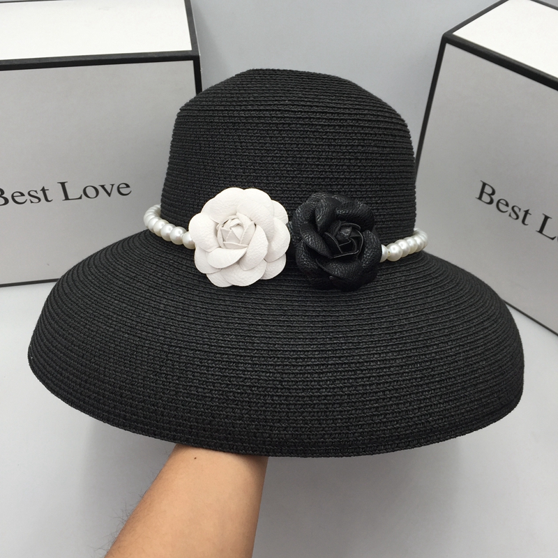 

Summer French style big basin eaves pearl flower Hepburn bucket hat straw hat leisure sun hat, Black