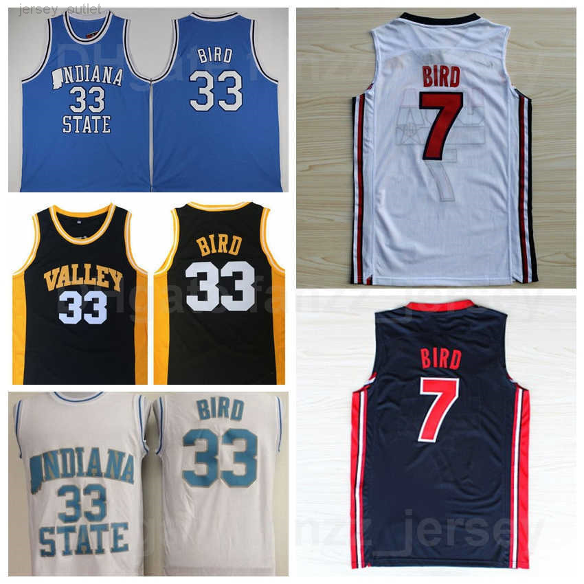 

NCAA Indiana State Sycamores College Larry Bird Jerseys 33 7 University Springs Valley Basketball US 1992 Dream Team One High School Navy Blue White Black Stitched, 33 blue