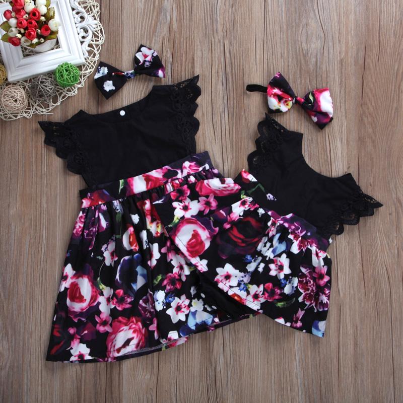 

Girl's Dresses Brand Born Baby Girls Sister Family Matching Sets Lace Ruffled Sleeveless Floral Print Romper/Dress Headband 2PCSGirl's, Romper 3m