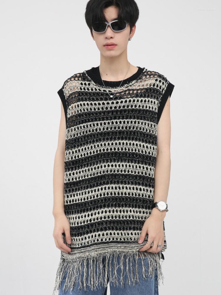 

Men's Vests Striped Tassel Knitted Vest Hollow Out O-neck Handsome Sweater Korean Streetwear Men Clothing 2022 Fashion Phin22, Black