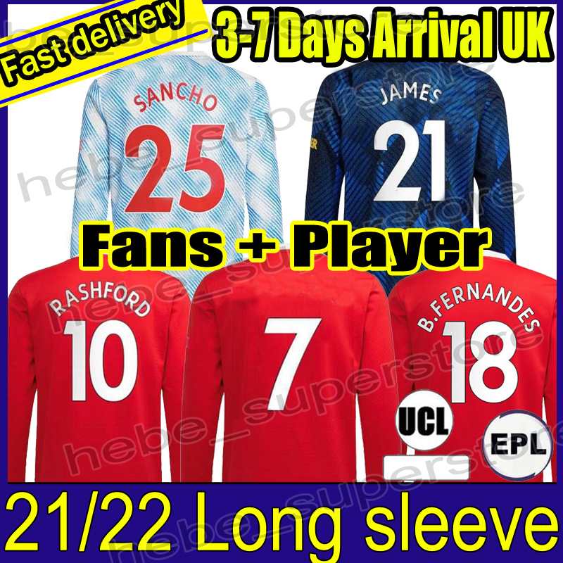 

Long Sleeve SHAW SANCHO Man Home Red Soccer Jersey 2021/2022 B.FERNANDES 21/22 RASHFORD POGBA Football Shirt United Uniform, 21-22 away