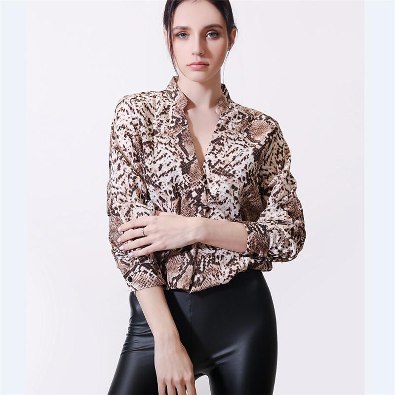 

Autumn Women Leopard Print Blouse Long Sleeves V Neck Shirts High Street Fall Fashion Tops Women' Blouses, Brown