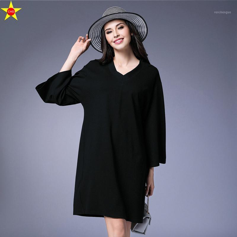 

Casual Dresses -5XL Plus Size Women 2022 Spring Autumn Fashion 3/4 Sleeve Dress Vestidos Extra Large Loose Elegant, Black