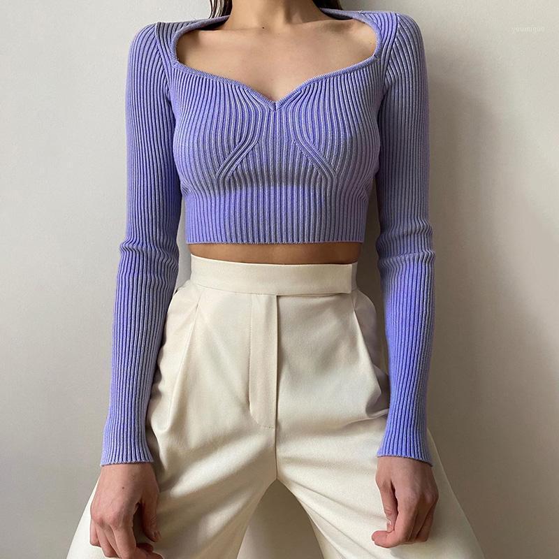 

Fashion Women's Long Sleeve Crop Top Sexy V Neck Elegant Rib Knitted Plain Shirt Stylish Casual Slim Short Blouse Blouses & Shirts, Blue