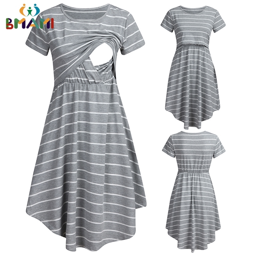 

Pregnant Women Nightgown Maternity Nursing Nightwear Pajama O-Neck Solid Buttons Short Sleeve Dresses Pregnancy Clothing 220419, Gray