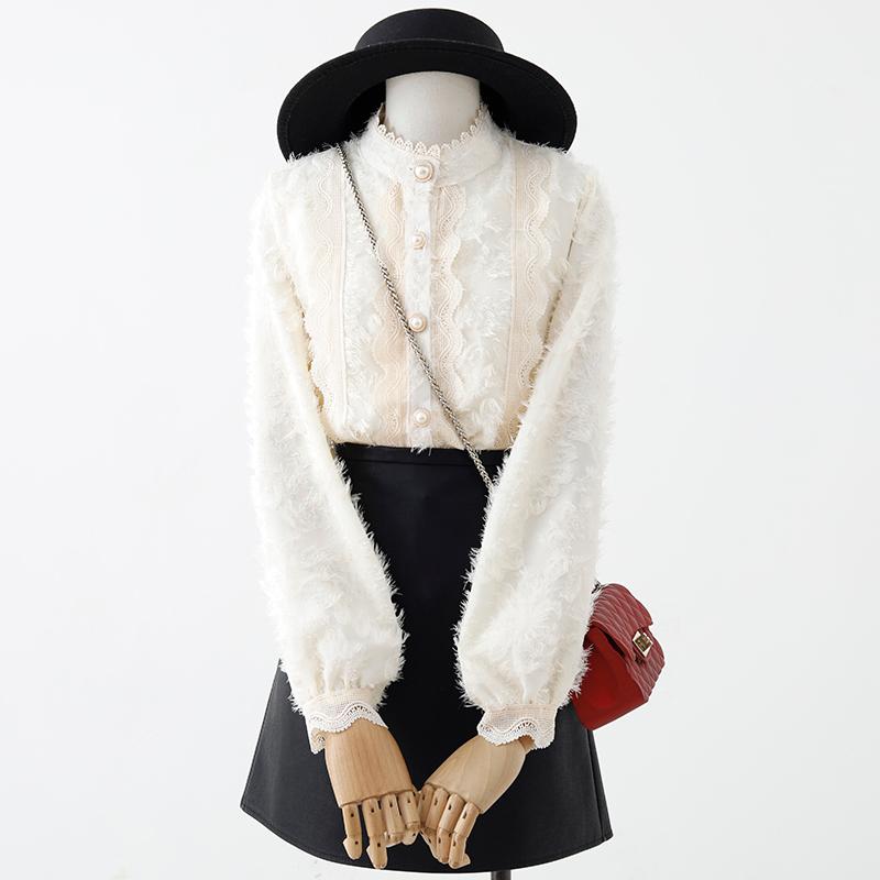 

Women' Blouses & Shirts Thicken Warm Lace Patchwork Hollow Out Women Spring 2022 Solid Elegant Office Lady Beaded Outwear Tops, Beige