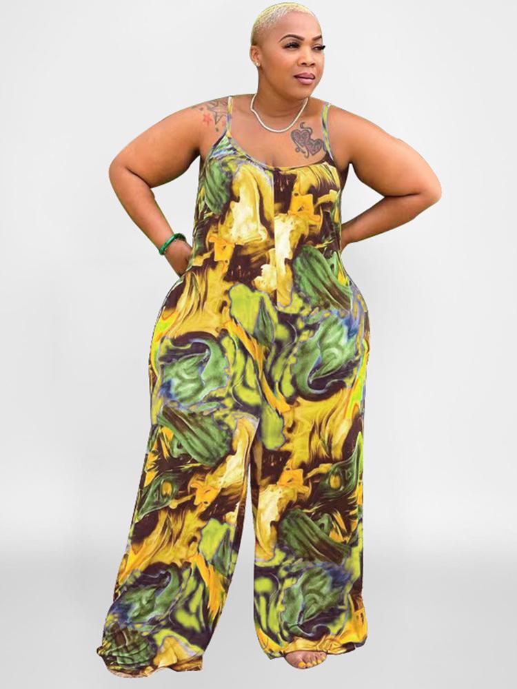 

Women's Plus Size Pants ZZ Long Jumpsuit For Women's Clothes Low Neck Spaghetti Strap Aesthetic Print Wide Leg Overalls Summer OutfitsWo, Blue