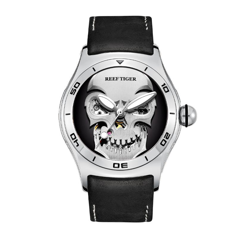 

Wristwatches Reef Tiger/RT Steel Waterproof Mens Skull Skeleton Watches Top Mechanical Sport Leather Male Watch RGA70S7, Rga70s7-ywb