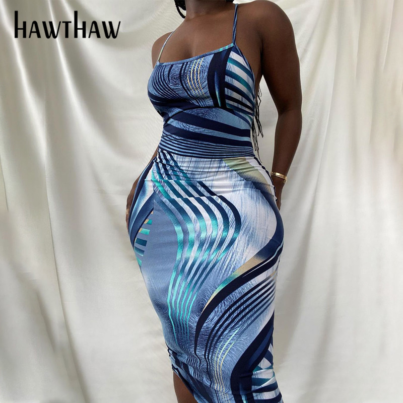 

Hawthaw Women Summer Sleeveless Backless Printed Bodycon Slim Package Hip Beach Dress Sundress 2021 Female Clothing Streetwear, Blue