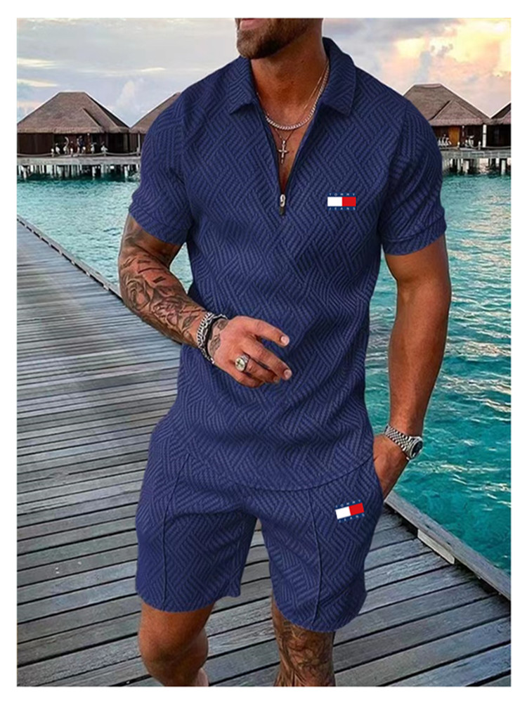 

Solid Color Plaid Suit 2022 Summer Men' Tracksuit Short Sleeve Zipper Polo Shirt&Shorts Set for Men Casual Streetwear 2-piece, Tamidztz-2 pink