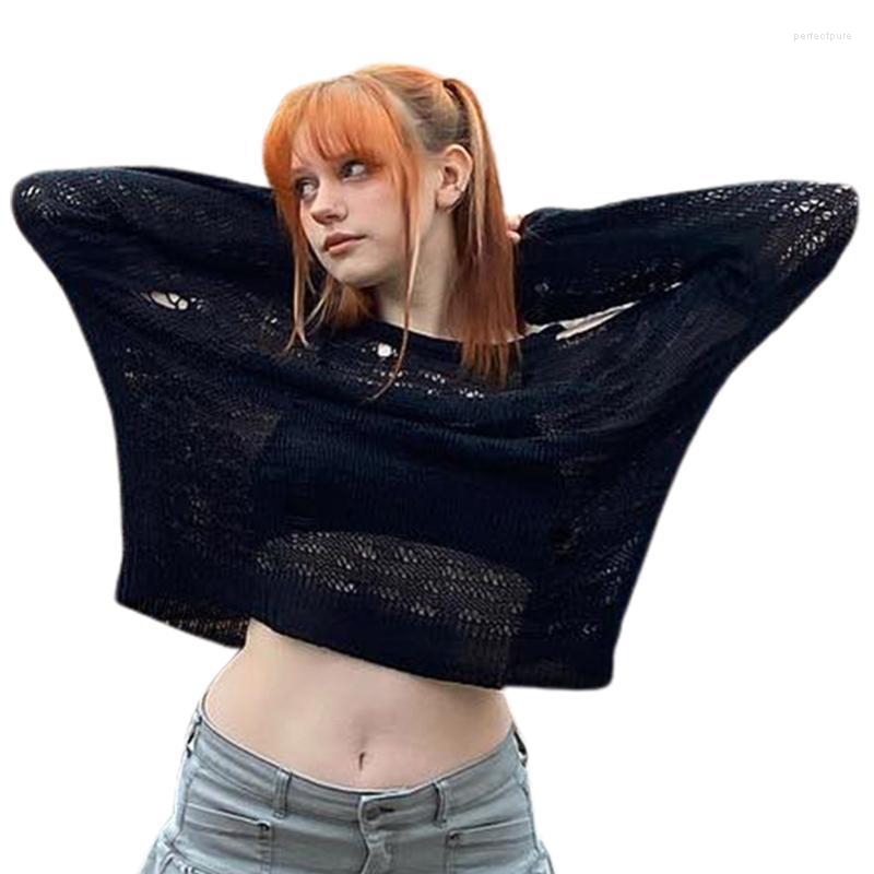 

Women' Sweaters Retro Knitted Crop Top Long Sleeve Smock T Shirt Women Sun Protection Tees T8NBWomen' Perf22, Black
