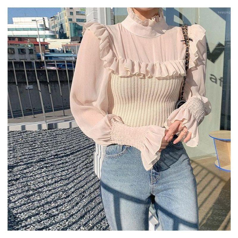 

Slim Chiffon Ruffled Shirts Stitching Knitted Blouse Women Spring Fall 2022 Chic Flare Sleeve Sweet Korean Harajuku Crop Top Women's Blouses, Black