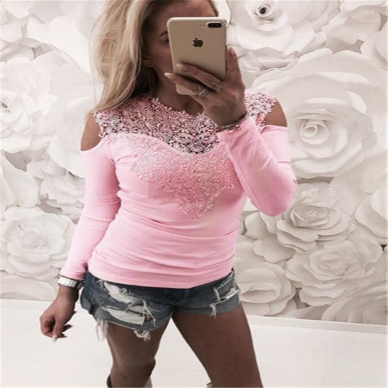 

Fashion Skinny Women Ladies Fall Round Neck Sexy Solid Lace Cold Shoulder Long Sleeve Slim Blouse Top Shirts Women's Blouses, Black