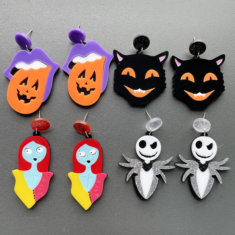 

4 Style Halloween Dangle Earring Woman Ghost Mouth Skull Black Cat Pumpkin Drop Earrings for Women Jewelry Trendy Acrylic Accessories