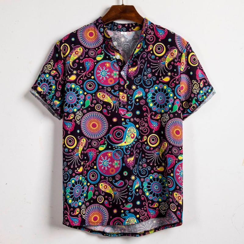 

Chemise Mens Hawaiian Shirt Summer Short Sleeve Casual Cotton Linen Printing Men Blouse Streetwear Camisa Masculina, Purple