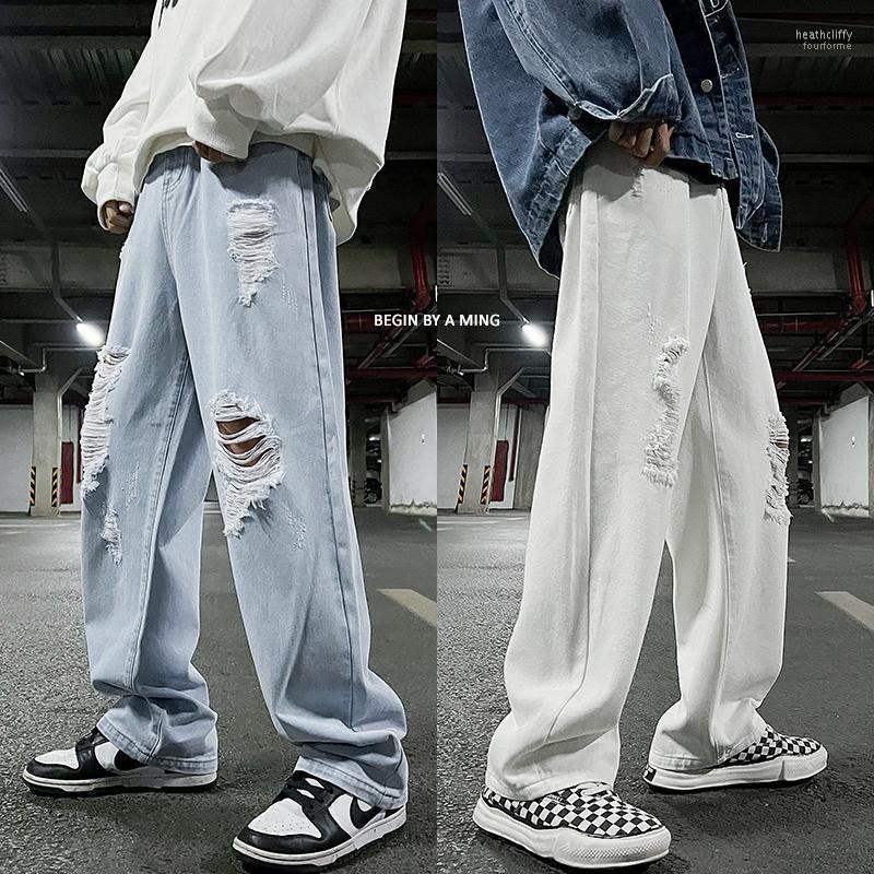 

Men's Jeans Blue/White/Black Ripped Men Fashion Casual Baggy Straight Mens Streetwear Loose Hip Hop Hole Denim Pants Heat22