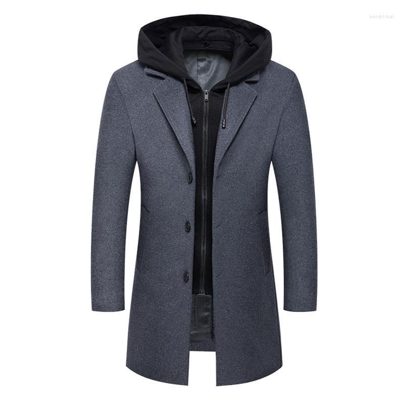 

Men's Wool & Blends Winter Coat Men Fashion Hooded Long Trench Business Casual Woolen Overcoats Single Breasted Jacket Kend22, Black