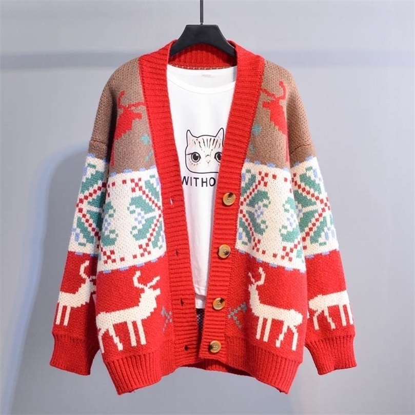

autumn Women Fashion Korean Sweater Jackets DEER Christmas Long Knit Coat Oversized Knit Sweater and Cardigans Femme 201204, Rice white