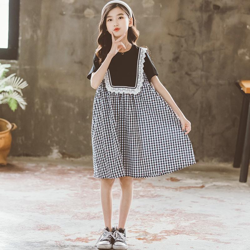

Girl's Dresses Lace Patchwork Baby Teenager Princess Dress Summer 2022 Girls Teen Cotton White Black Plaid Kids Children Clothes