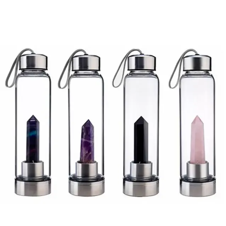

Natural Quartz Gemstone Glass Water Bottle Direct Drinking Cups Crystal Obelisk Wand Healing Wands Bottle With Rope Cup B0419, As picture
