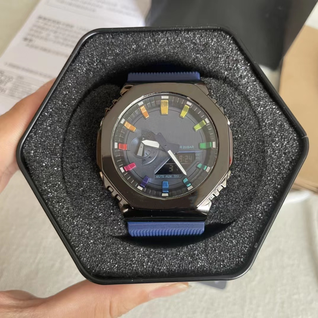 Iced Out Watch Men's Sports Quartz Digital 2100 Watch Full Function LED Automatic Hand Raise Light Metal Large Dial Oak GM Series